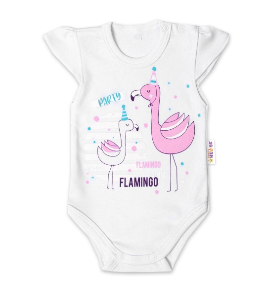 Baby Nellys Bavlnené dojčenské body, kr. rukáv, Flamingo - biele 62 (2-3m)