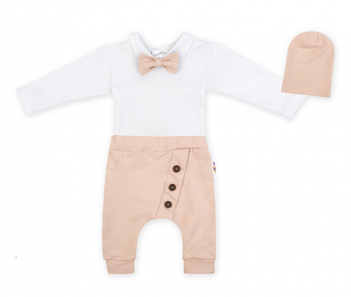 Baby Nellys 3-dielna sada Hubert, body s motýlikom, tepláčiky a čiapočka - béžový, veľ. 86 98 (2-3r)