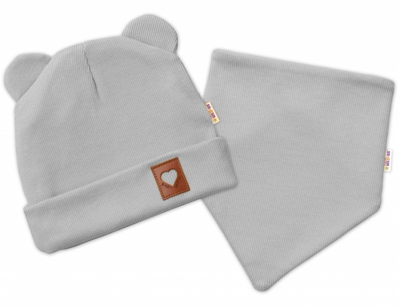 Baby Nellys Rebrovaná dvojvrstvová čiapka s uškami + šatka TEDDY - sivá 92-98 (18-36m)