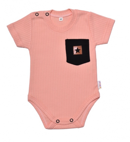 Baby Nellys Bavlnené rebrované body s kapsičkou, kr. rukáv, Summer Boy, marhuľové 80 (9-12m)