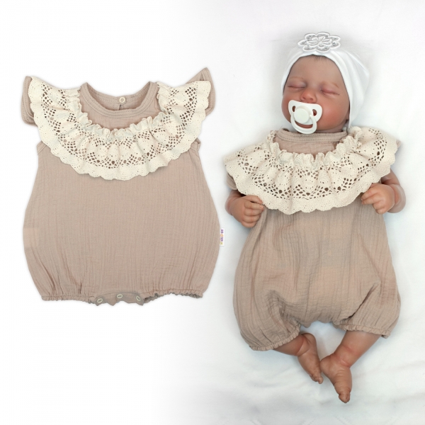 Body s nohavičkami, mušelín, s čipkou - béžové 86 (12-18m)